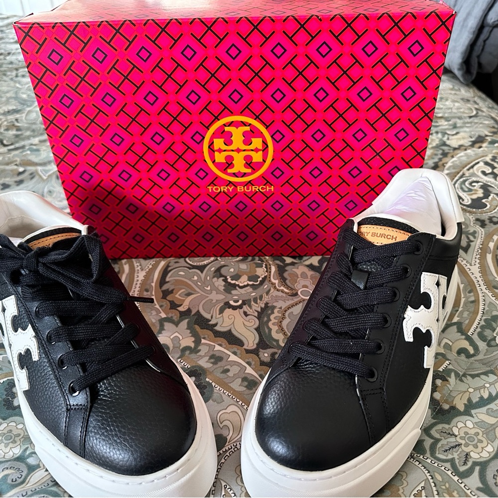 New Tory Burch Color Block Platform Sneakers, Perfect Black & Snow White Size 7